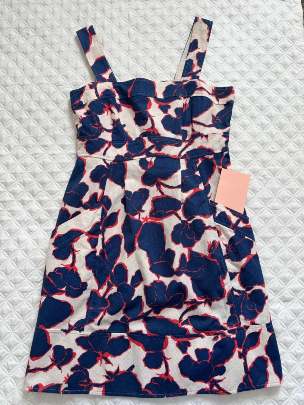 Lands' End Cream Blue Red Floral Midi Dress Cotton Canvas Wide Straps Size 12